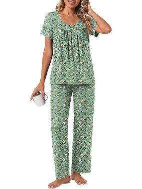 Women's Green Flowers Loungewear 2 Piece Pajama Sets Sleepwear with Pockets